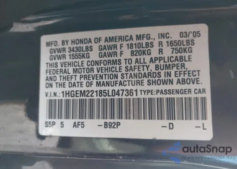 2005 Honda Civic Vp from USA, damaged, VIN 1HGEM22185L047361